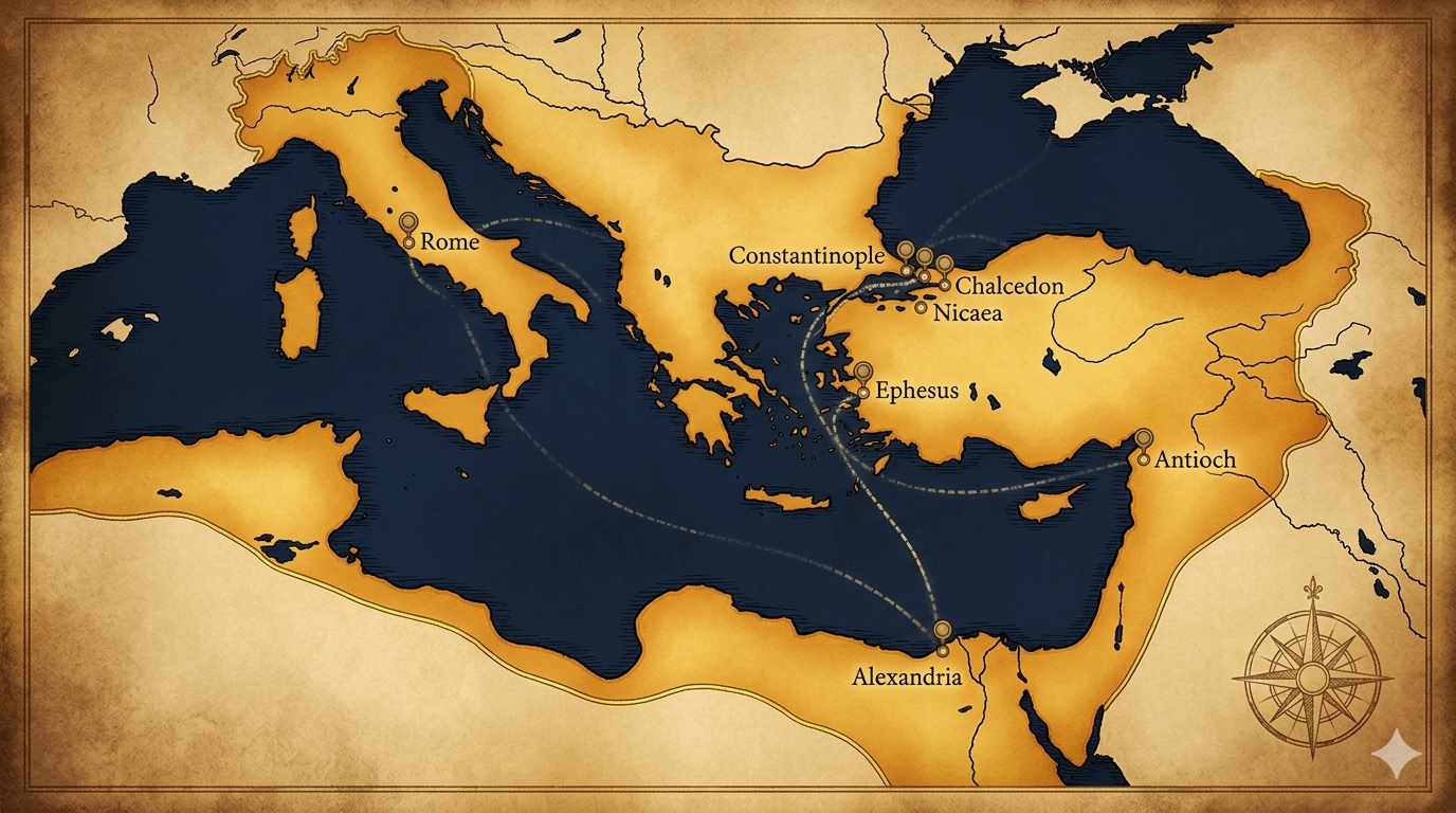 공의회 개최 도시와 신학 거점 — Nicaea, Constantinople, Ephesus, Chalcedon, Alexandria, Antioch, Rome