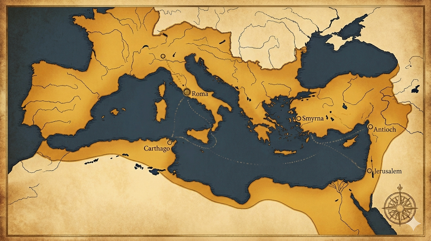 로마 제국의 판도와 주요 순교 도시 — Roma, Carthago, Smyrna, Antiochia, Hierosolyma